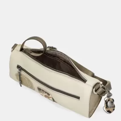 Bolsa feminina bege com alça ajustável e bolso exterior com fecho