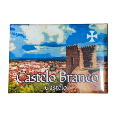 Imã com imagem do Castelo Branco e texto promocional em azul, castanho e verde.