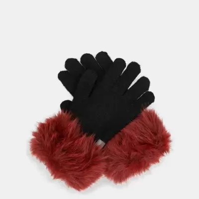 Luvas pretas com punhos de pelo vermelho