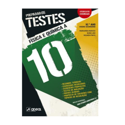 Capa de livro com texto Preparar os Testes Física e Química A, 10.º ano, com cores verde, preto e amarelo.