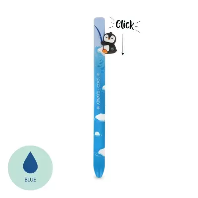 Caneta azul com clip de pinguim e texto ALWAYS COOL