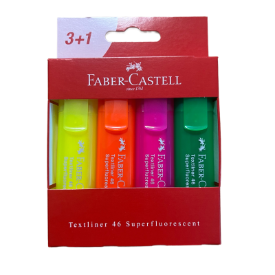 Conjunto de 4 marcadores de texto Faber-Castell em embalagem vermelha