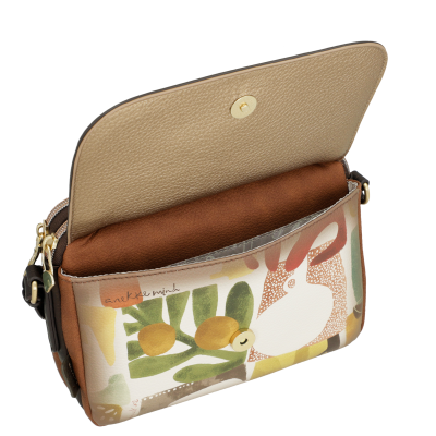 Mala pequena de senhora com padrão estampado colorido e interior castanho