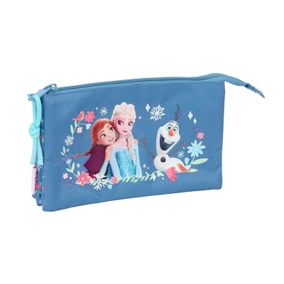 Estojo azul com personagens de desenho animado e flores.