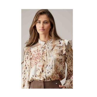 Blusa feminina com padrão animal print, folhos nas mangas e pregas no peito, usada com calças castanhas.