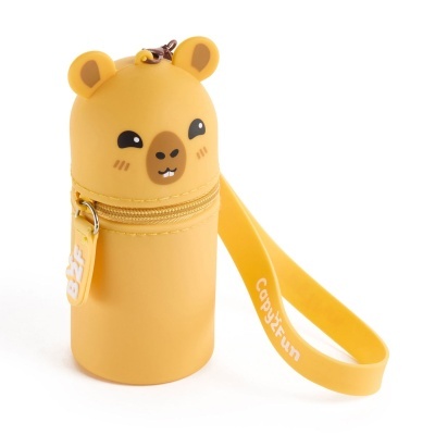 Estojo para lápis amarelo em forma de urso com alça e etiquetas