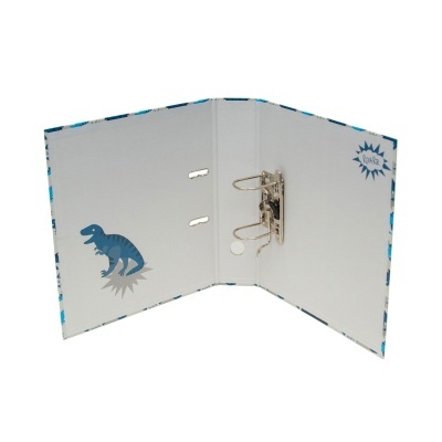 Pasta de argolas branca e azul com ilustração de dinossauro e texto ROARR