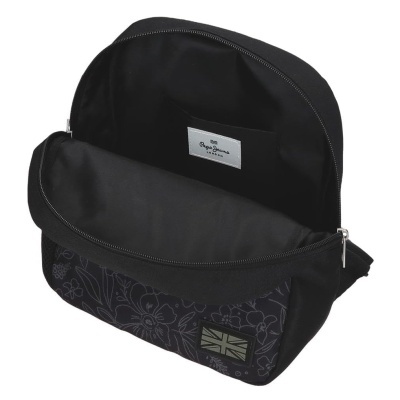 Mala de ombro preta com padrão floral e etiqueta Pepe Jeans