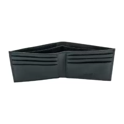 Carteira masculina preta em pele aberta mostrando vários compartimentos para cartões e notas