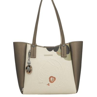 Mala de mão em pele sintética branca com alças castanhas e pendente decorativo