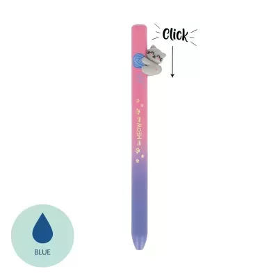 Caneta esferográfica rosa e azul com figura de gato e texto MEOW