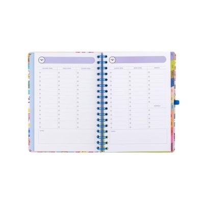 Agenda semanal aberta com espiral azul e secções para cada dia da semana em português.
