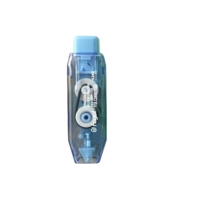 Corrector em fita azul translúcido com tampa azul opaco e texto na frente