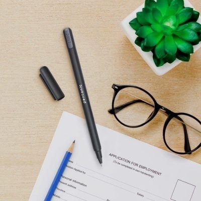 Caneta preta Pentonic, lápis azul, óculos, planta artificial e formulário numa mesa de madeira clara.