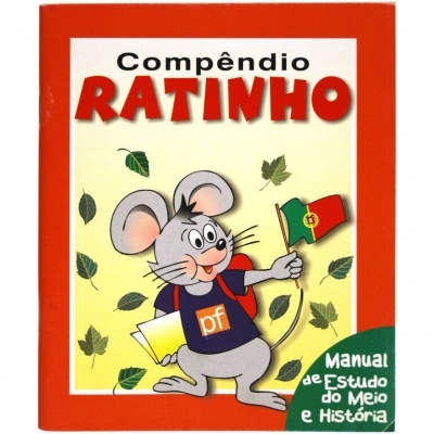 Capa de livro com rato a segurar bandeira de Portugal e caderno com texto Compêndio RATINHO