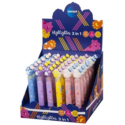 Marcadores fluorescentes coloridos 3 em 1 com tampas decoradas em caixa de exposição azul.