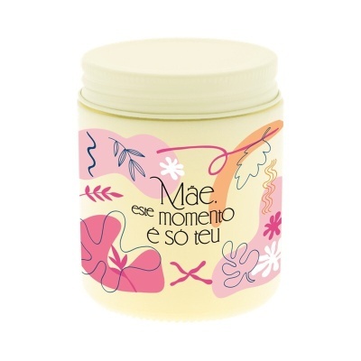 Frasco creme decorado com padrões florais e texto em português