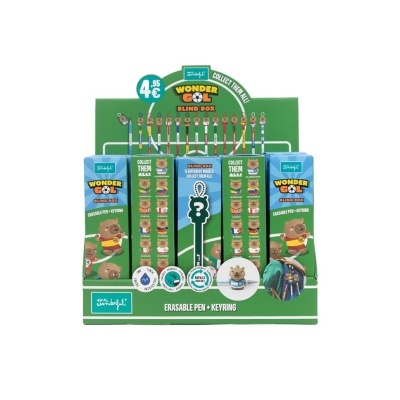 Expositor verde com canetas apagáveis e chaveiros Wonder Gol Blind Box
