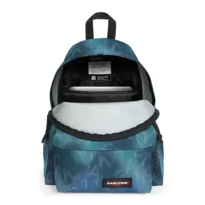 Mochila azul Eastpak aberta mostrando interior e logótipo