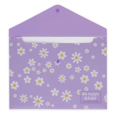 Envelope plástico lilás com margaridas e texto Oh happy DAISY