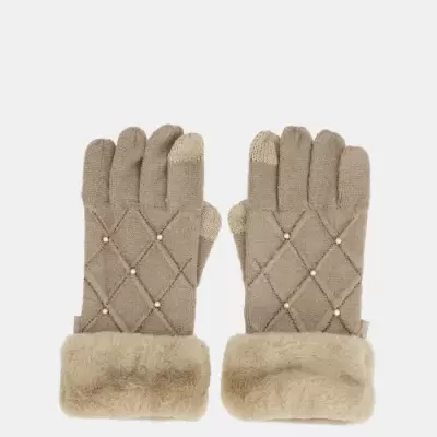 Luvas bege em malha com punhos de pelo castanho claro