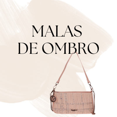 Mala de ombro rosa com padrão texturizado e alça fina ao lado do texto 'MALAS DE OMBRO'