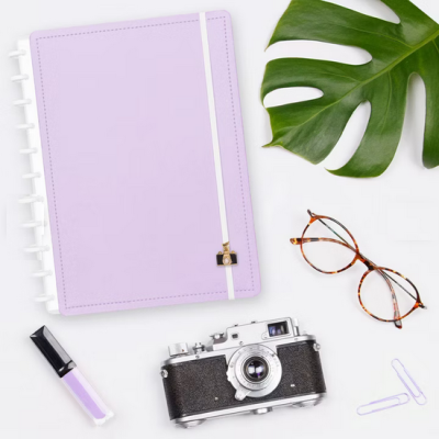 Caderno lilás com acessórios e planta verde sobre fundo branco