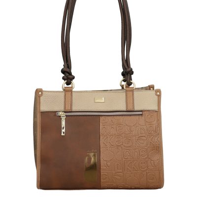 Mala de mão castanha com padrão em relevo e alças triplas