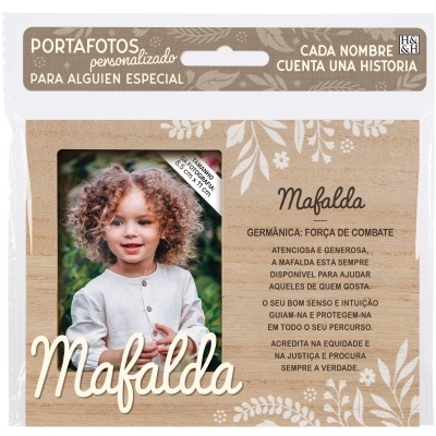 Porta-fotos personalizado com padrão floral e texto sobre o nome Mafalda