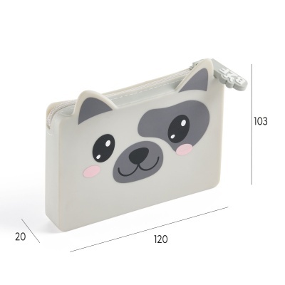Estojo de silicone branco com desenho de cão cinzento e rosa e fecho de correr cinzento com palavra BYF