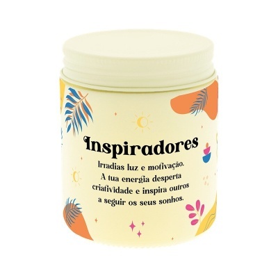 Frasco creme com tampa, texto motivacional em português e decoração colorida
