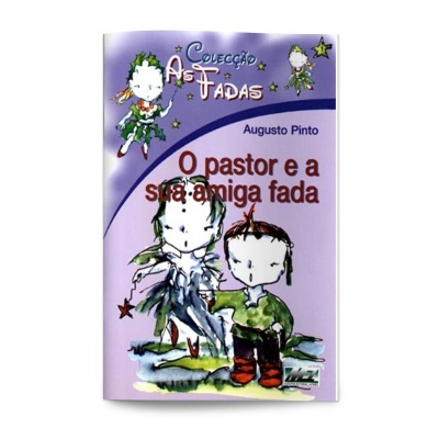 Capa de livro lilás com ilustração de fada e criança, texto 'O pastor e a sua amiga fada'