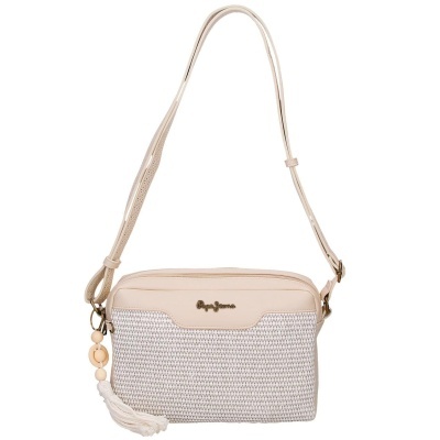 Mala de ombro bege e cinza Pepe Jeans com tassel e alça ajustável