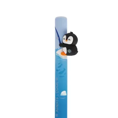 Ponteira de pinguim preto e branco num lápis azul com texto