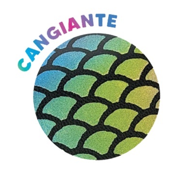 Padrão circular de escamas com a palavra CANGIANTE em arco colorido