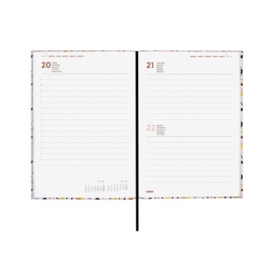 Diário aberto com datas 20, 21 e 22 e padrões coloridos nas margens