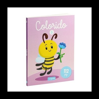 Caderno rosa com ilustração de abelha amarela segurando flor azul e texto Colorido 3 112 pág
