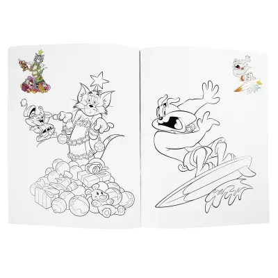 Livro de colorir com personagens de desenhos animados em preto e branco e algumas áreas coloridas