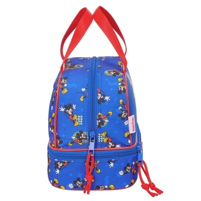 Mala térmica azul com padrão de Mickey Mouse e alças vermelhas