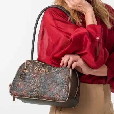 Mala feminina padrão multicolorido com alça preta e logótipo dourado Anekke