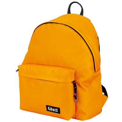 Mochila laranja com bolso frontal e etiqueta preta Ghus'