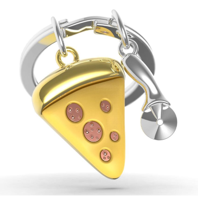 Chaveiro com pingentes de pizza dourada e faca de pizza prateada