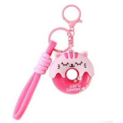 Porte-chaves rosa em forma de donut com desenho de gato e texto 'CAT LOVERS'