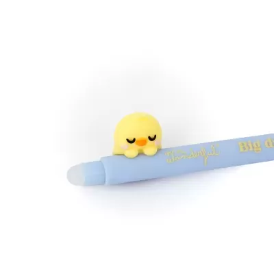 Caneta azul claro com figura de pato amarelo e texto amarelo mr. wonderful