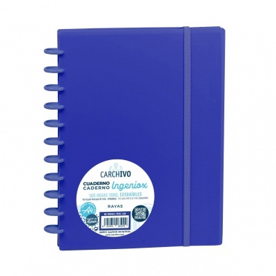 Caderno azul com espiral plástico e elástico de fecho com etiqueta frente