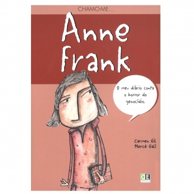 Capa de livro ilustrado com desenho de rapariga e texto 'Anne Frank'