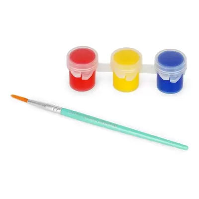 Tintas em potes de plástico vermelho, amarelo e azul com pincel azul turquesa