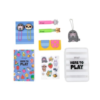 Conjunto de material escolar infantil com clips, marcadores, porta-chaves, caderno, autocolantes, estojo e bloco colorido