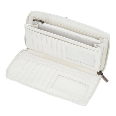 Carteira branca aberta com múltiplos compartimentos