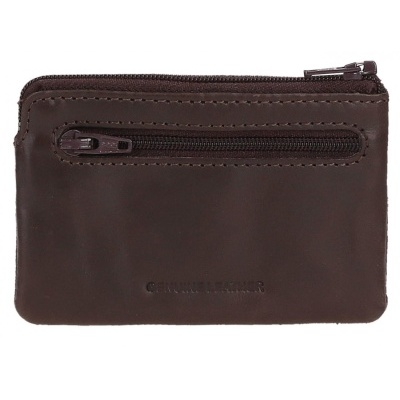 Carteira pequena em pele castanha com fechos éclair e texto embutido